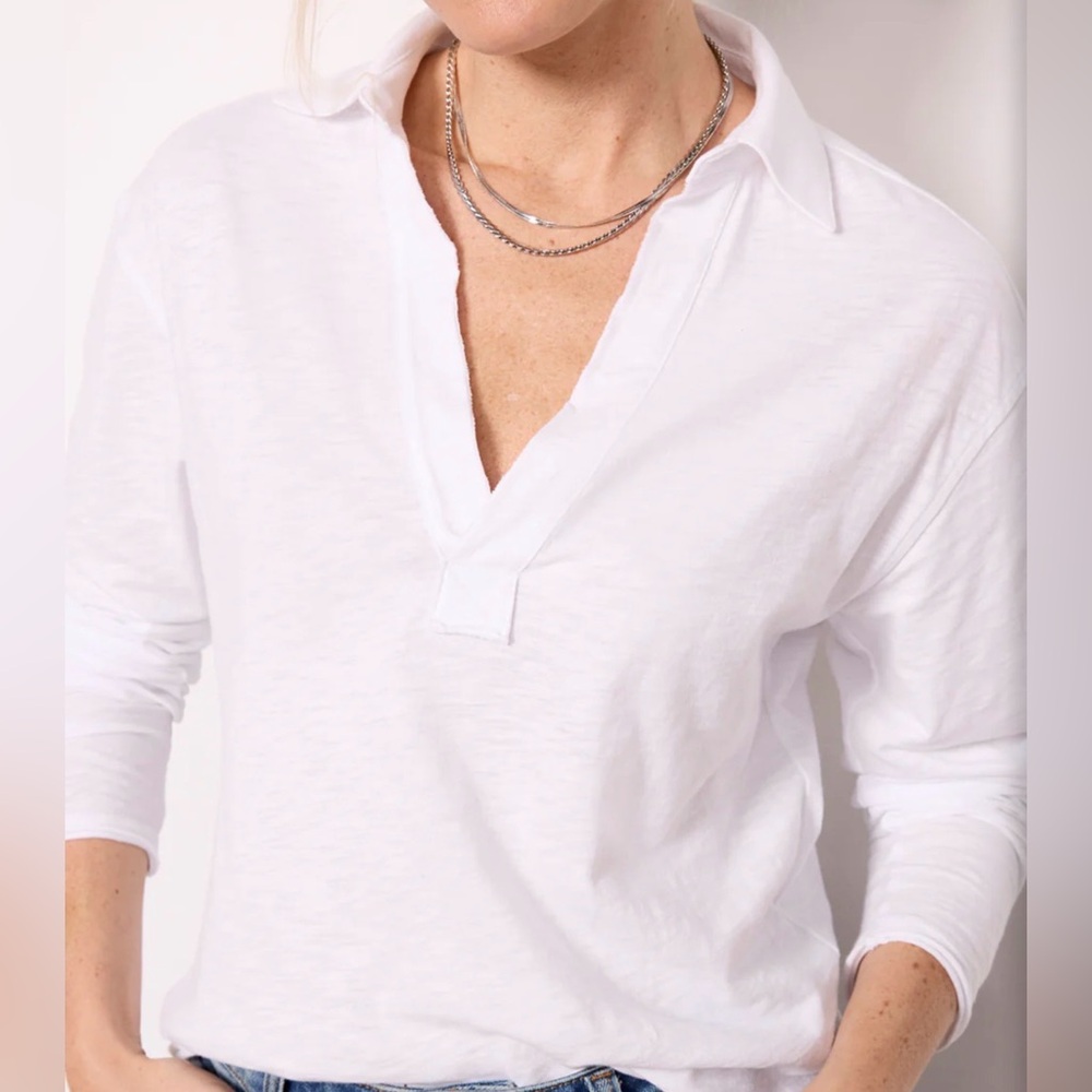 Evereve Romy Relaxed Long Sleeve 100% Cotton Preppy V-Neck Shirt Top Size Small - Picture 5 of 11